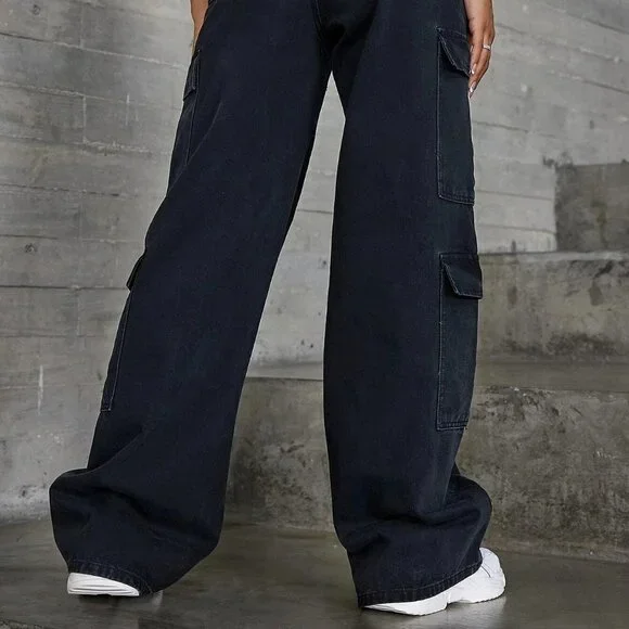 Black Casual Womens Zipper Fly Flap Pocket Boyfriend Jeans - Picture 3 of 5